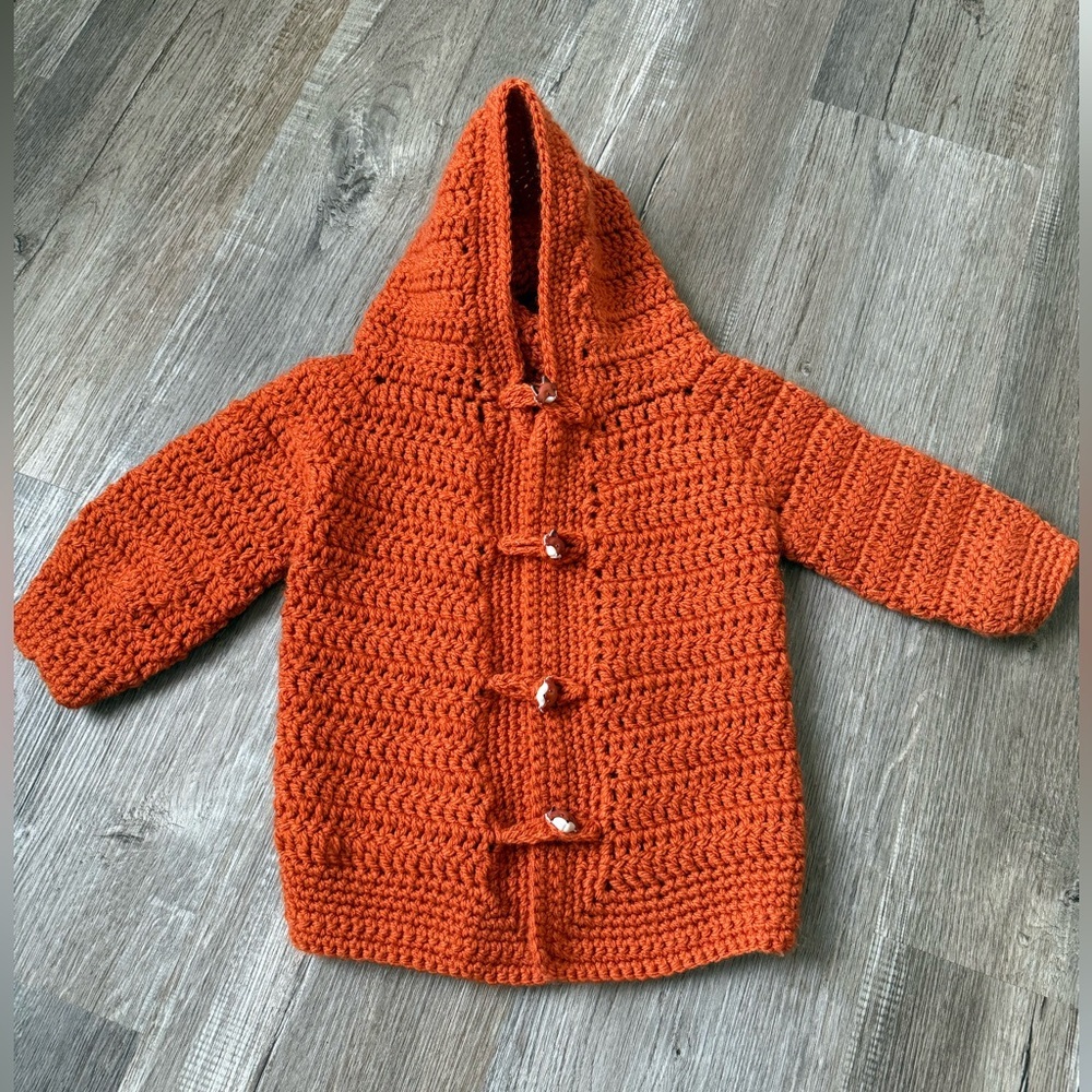 Handmade Orange Crochet Hooded Sweater Cardigan Fox Hippie Boho Kids Size 3T